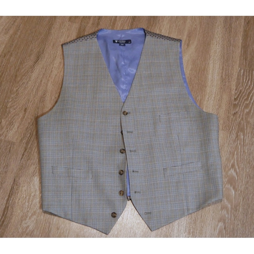 Cremieux Collection Mens XL Plaid Suit‎ Vest Tan Blue Waistcoat Adjustable Back